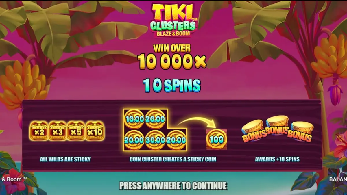 Tiki Clusters Blaze & Boom slot machine interface with tropical background